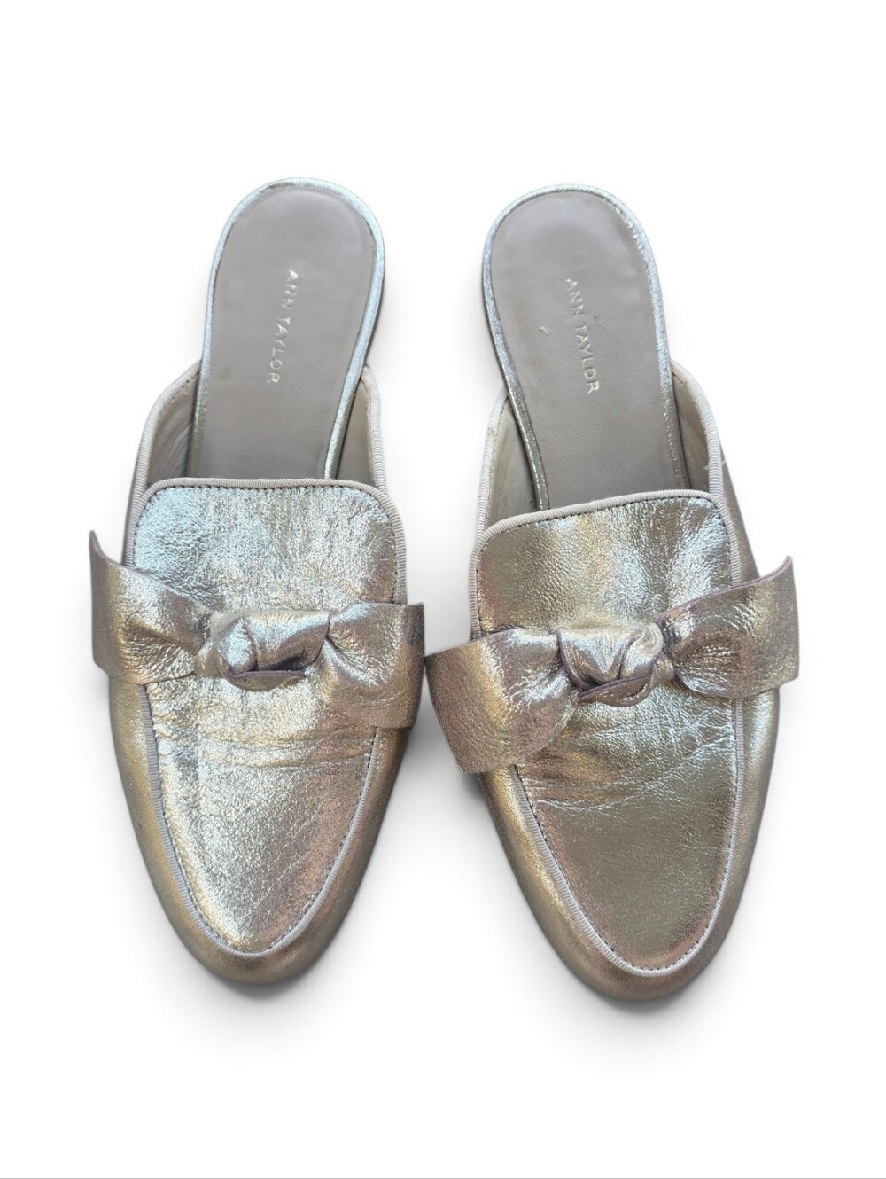 Ann Taylor Iridescent Silver Bow-Front Mules